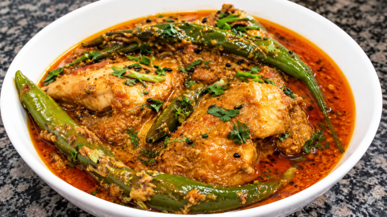 Pakistani Achari Chicken curry with spicy red gravy, whole green chilies, and traditional pickling spices in a white serving bowl.