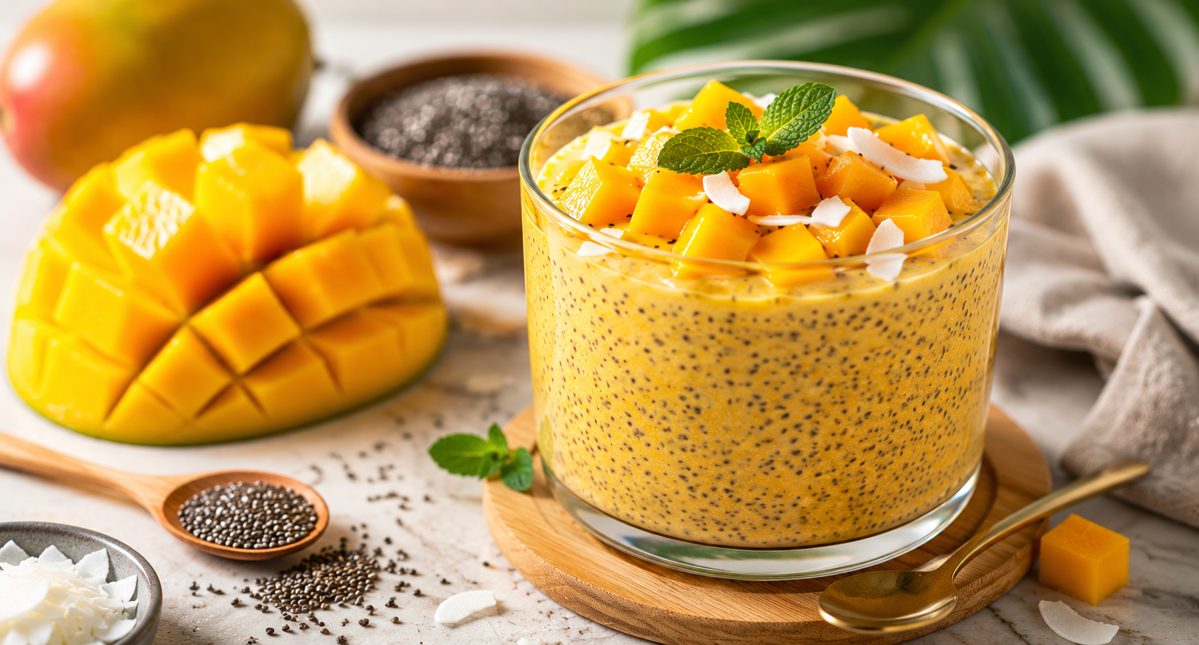 Creamy mango chia seed pudding topped with fresh mango cubes and coconut flakes in a glass bowl.