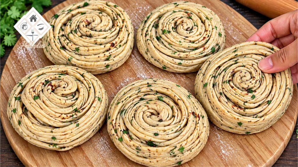 Five homemade high protein lachha paratha spirals made with multigrain flour, paneer and herbs